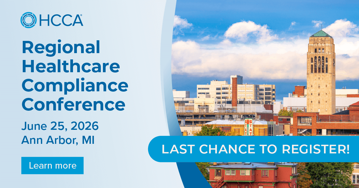 theHCCA's tweet photo. Last chance to register for the Ann Arbor Regional! Get updates on federal healthcare investigations, healthcare enforcement actions,  Medicare, Antikickback Statute, Stark, and NPI Attestation, Telehealth Flexibilities and Risk Adjustment. Register now:
https://t.co/hWQ33MEWC3 https://t.co/CGjLnObJX8