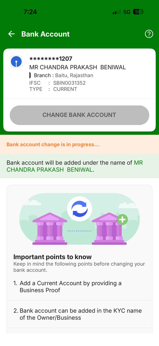 CP_BAYTU39's tweet photo. Hi Team, my bank account change request is still showing “in progress” even after 5 days. The account belongs to KHEMA BABA KIRANA AND GENERAL STORE, but the name is still showing as Mr Chandra Prakash Beniwal. @PhonePeSupport https://t.co/BhSLuydMMc