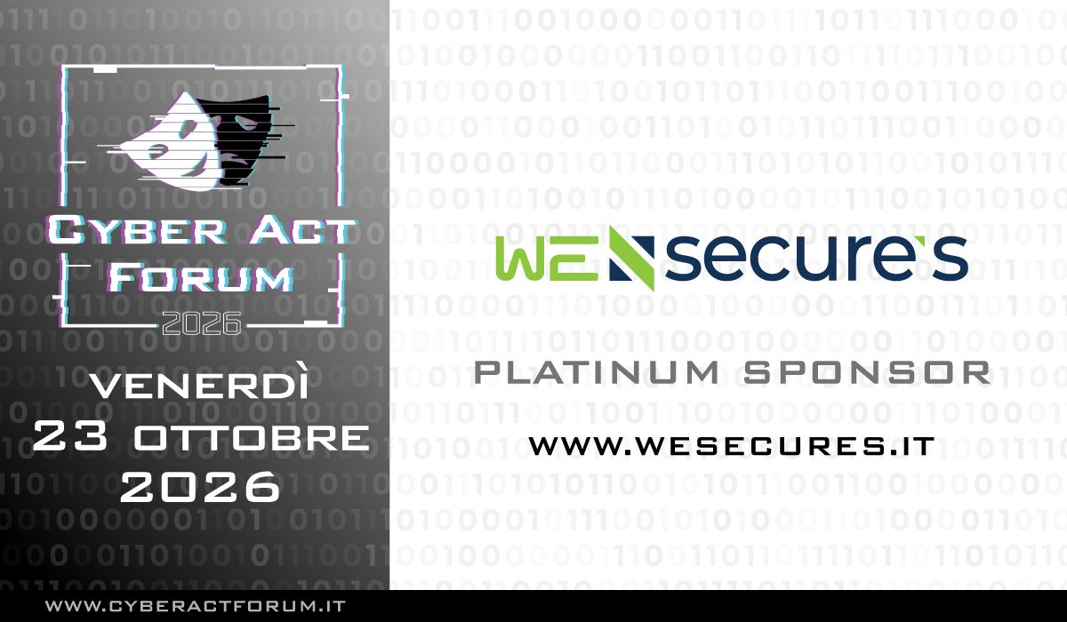 ActorsCyber's tweet photo. 💼 ANNUNCIO SPONSOR 💼

WeSecure's è Sponsor Platinum del Cyber Act Forum 2026 🥳

Vi aspettiamo venerdì 23 ottobre 2026 🙏

#cyberactors #cyberactforum #cybersecurity https://t.co/2BY0S8CPzY