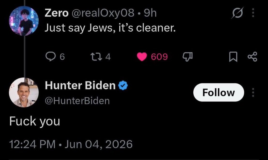 MrWhiteGroyper's tweet photo. > Hunter Biden said a couple funnies

> Low IQ niggas hype him up

> Hunter Biden masks off as a total good goy for the Jews

“Do goyim really?” https://t.co/vYUZPibXwv