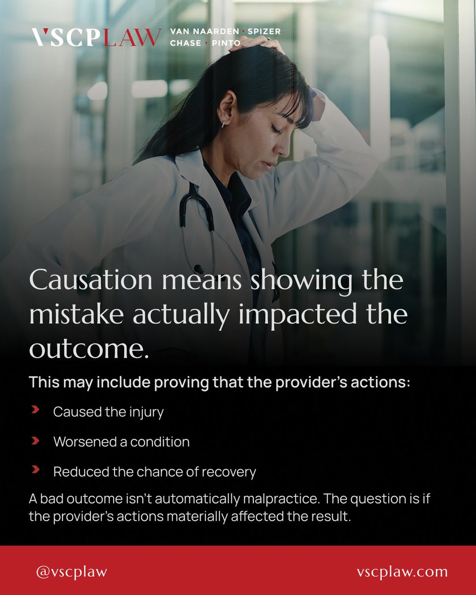 VSCPLAW's tweet photo. Understanding a medical malpractice case is not always straightforward.

Many people assume that if something went wrong during treatment, there is automatically a case. In reality, it is more complex, and knowing the difference can help you better understand your rights.

One of the most important concepts is causation. This means there must be a clear connection between what a healthcare provider did, or failed to do, and the injury or outcome that followed.

▪️ There must be a link between that mistake and the harm
▪️ The key question is whether the provider’s actions changed the outcome

This matters because patients are often already dealing with serious conditions. Not every complication is caused by negligence, which is why these cases require careful evaluation.

If you are in this situation, a few things can help protect your position:
▪️ Keep and organize medical records
▪️ Take note of changes in your condition
▪️ Seek proper evaluation as early as possible

For many individuals, especially those who may feel unsure about their legal options, having clear information is the first step toward making confident decisions.

At VSCP LAW, we focus on helping clients understand complex situations with clarity and experience, so you know where you stand.

Want to learn more about how these cases are evaluated? Read the full blog:
🌐 https://t.co/Y7W1GI8vh5
📞 Contact VSCP LAW at (215) 960-0000

Your fight is our fight.

#PhiladelphiaLawyer #MedicalMalpractice #PatientRights #MedicalNegligence #VSCPLAW
