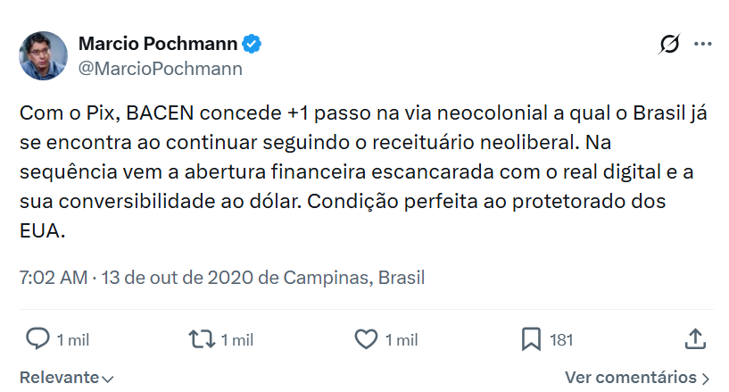 pamcosta21's tweet photo. O PIX que é gratuito ao povo brasileiro agora no nada se tornou uma "arma neocolonial"? Entendi... 

Bom mesmo é viver pagando taxa de TED para os amigos do Lula, né? Quer coisa pior do que o protetorado do Lula aos bancos brasileiros? https://t.co/HYEXD7eYyz