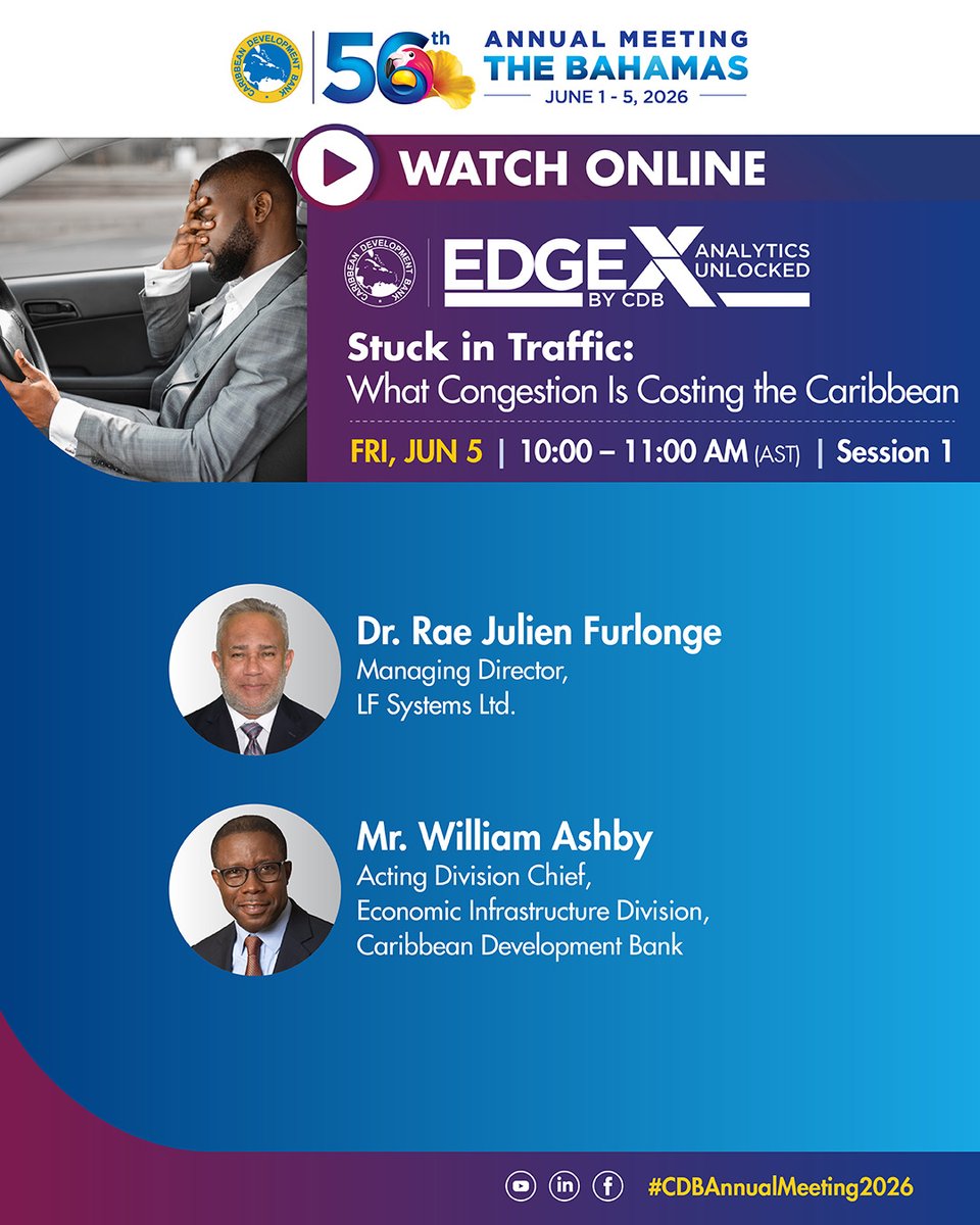 Caribank's tweet photo. #WatchNow: Congestion is costing the Caribbean more than time. EDGE X by CDB is exploring the data behind traffic's impact on productivity, mobility, and economic growth across the region.

📺 Watch online 👉 https://t.co/ncvcWD6yC4

#OurCDB #CDBAnnualMeeting2026 #ClimateFinance #CaribbeanDevelopment