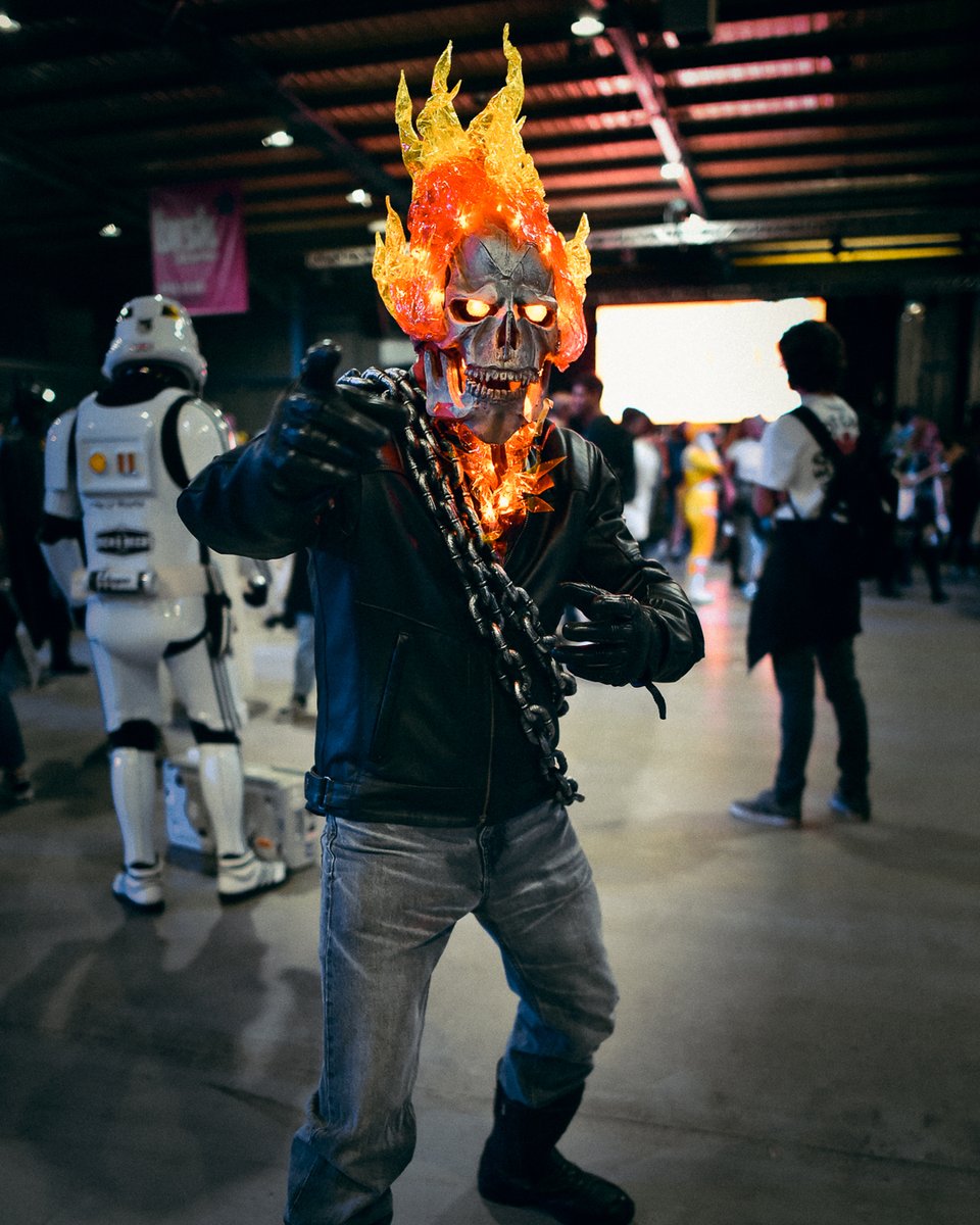comconmanc's tweet photo. “Your soul is MINE!” ☠️

The Spirit of Vengeance has arrived as Ghost Rider rolls into Comic Con Manchester bringing hellfire to the show floor! 🔥

📷 Kieran Riley https://t.co/U0s1VLIVyW