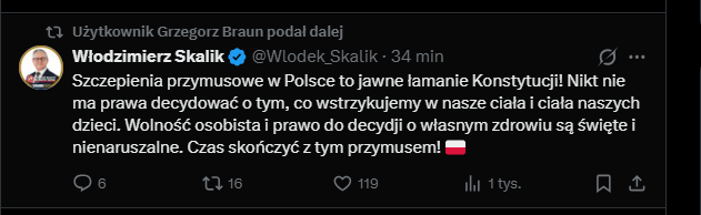 mic_marek's tweet photo. Kolejny przykład zaangażowania środowiska znanego z szerzenia przekazów zbieżnych z #Rosja i #Białoruś dezinformacją oraz propagandą (Konfederacja Korony Polskiej) w szerzenie antyszczepionkowej dezinformacji. Jest to bezpośredni przykład zaangażowania danego środowiska w działania służące wytworzeniu dla obywateli RP fizycznego zagrożenia jakim są skutki doprowadzenie do masowych/powszechnych odmów szczepień. 

Działanie to wpisuje się ponadto w kontekst realizacji kluczowych celów (dot. Polski) wrogich nam Moskwy i Mińska - podważanie zaufania obywateli do instytucji państwa polskiego (kreowanie państwa na wroga/zagrożenie dla narodu) oraz wzmacnianie poziomu polaryzacji (destabilizacja sytuacji wewnętrznej).

W tym przypadku dzięki zaangażowaniu @KoronyPolskiej platformą służącą do prowadzenia działań wymierzonych w bezpieczeństwo obywateli RP stał się Sejm RP (@KancelariaSejmu) - Parlamentarny Zespół ds. Ochrony Życia i Zdrowia Polaków, w skład którego wchodzi m. in. W. Skalik znany chociażby z promowania przekazów zgodnych z interesem Mińska.

Polecam szczególnej uwadze: @NawrockiKn, @prezydentpl, @donaldtusk, @PremierRP, @KosiniakKamysz, @MON_GOV_PL, @sikorskiradek, @MSZ_RP, @RKupiecki, @MKierwinski, @TomaszSiemoniak, @MSWiA_GOV_PL, @ABW_GOV_PL, #SKW, @KGawkowski, @wlodekczarzasty, @BBN_PL, @JanGrabiec, @adamSzlapka,  @CTomczyk, @ZalewskiPawel, @pawelbejda, @czeslawmroczek, @TomaszChlon @GrzybAndrzej, @GIBandych, @MolendaKarol, @JacekDobrzynski, @pawelkowalpl, @joannakluzik, @MirekRozanski, @PiotrPytel67.