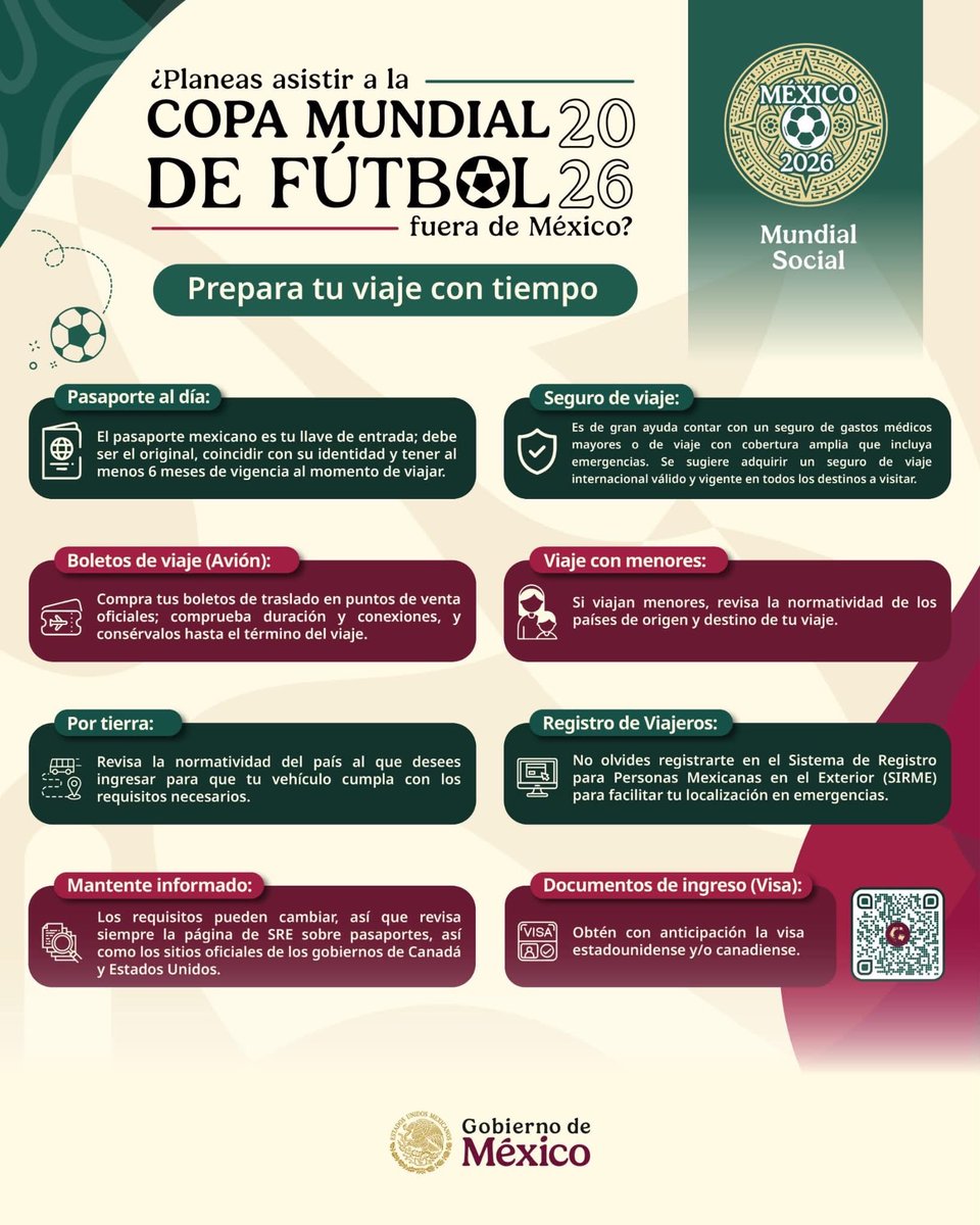 ConsulMexLir's tweet photo. ✈️⚽ ¿Planeas asistir a la Copa Mundial 2026 fuera de México?

Prepárate con tiempo: revisa tu pasaporte, adquiere seguro de viaje, verifica los requisitos de ingreso y planifica tu traslado con anticipación.

Viajar informado te permite disfrutar el Mundial sin contratiempos. https://t.co/wrPdfcjruH