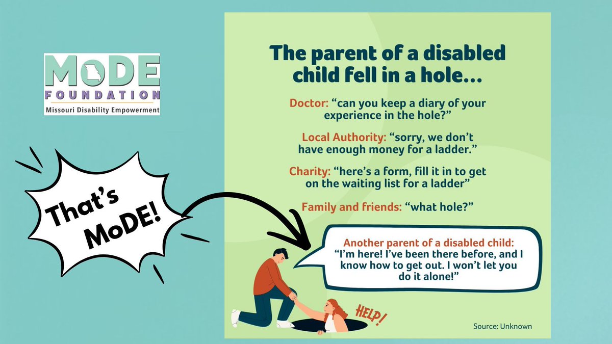 modefoundation's tweet photo. All of MoDE's contracted staff and volunteers are parents of children with disabilities. Some of us even have disabilties ourselves. We know what it's like to be stuck in the hole. We never want anyone else to feel trapped the way we once were. That's why we do what we do. https://t.co/fr0sgtA4Id