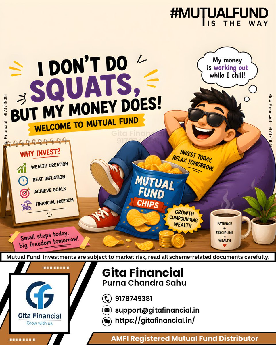 GitaFinancial's tweet photo. Skip the gym if you want, but don’t skip your SIP. 💪📈 Let your money do the heavy lifting while you sit back and relax. 😎
#gitafinancial  #sip #stockmarket #money #wealthcreation #gym #mutualfunds #comedy https://t.co/8IJlBVjg8f