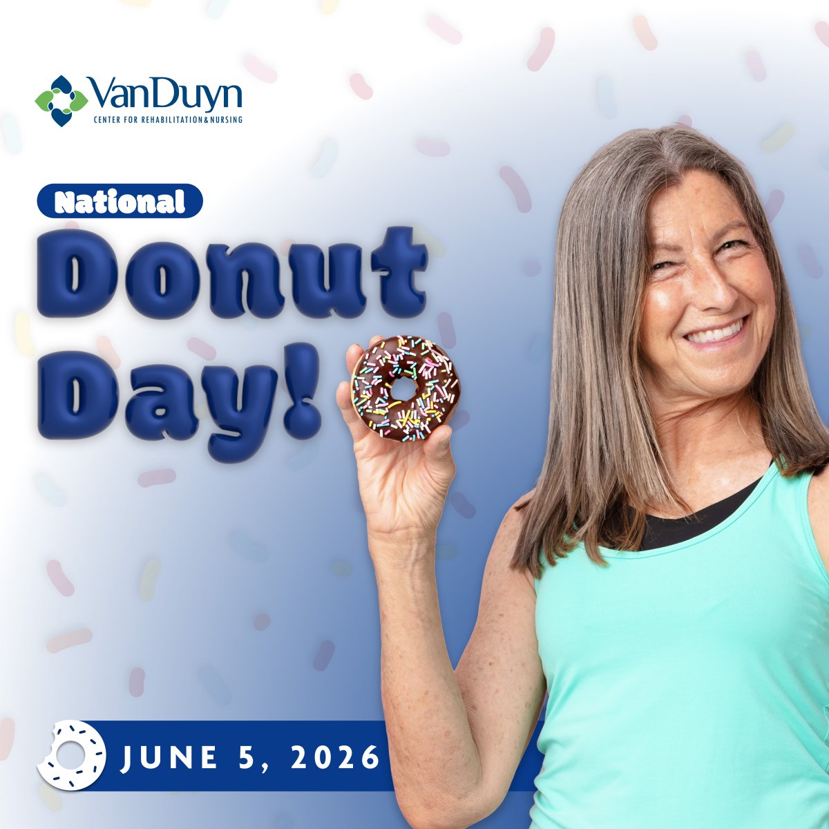 VanDuynCenter's tweet photo. 🍩 Happy National Donut Day! 🍩

Fun fact: Donuts were originally called “olykoeks,” which means “oily cakes!” Thankfully, the name got a little sweeter over time. 😊

Whether you prefer glazed, sprinkled, or filled, today is the perfect excuse to enjoy your favorite sweet treat! https://t.co/4HqNlwqaba