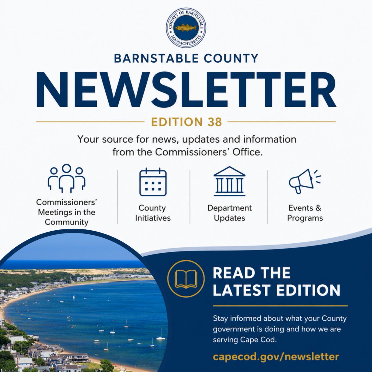 CapeCodGov's tweet photo. Are you signed up for the Barnstable County Newsletter? 

Stay informed about the work your County government is doing to serve Cape Cod.

Read the latest edition: https://t.co/USpyXaiyBc

#BarnstableCounty #CapeCod https://t.co/kZm8JjyESg