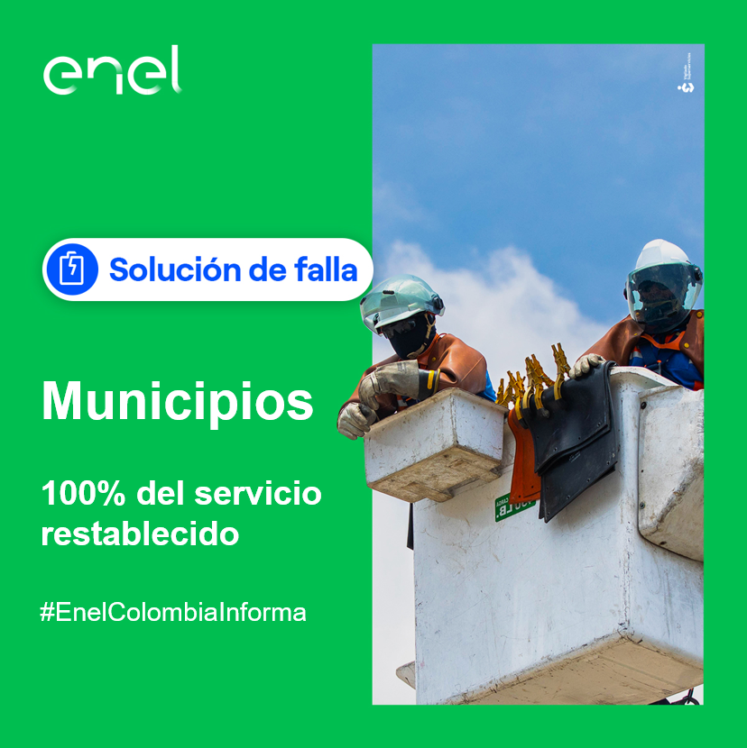 EnelClientesCO's tweet photo. #Cundinamarca el servicio quedó restablecido al 100%  👨‍🔧⚡

Los municipios que presentaban fallas:
#LaVega, #SanFrancisco, #Nocaima, #Supatá, #Vergara, #Nimaima, #Villeta, #Sasaima y #Apulo https://t.co/27HgD2MYxv