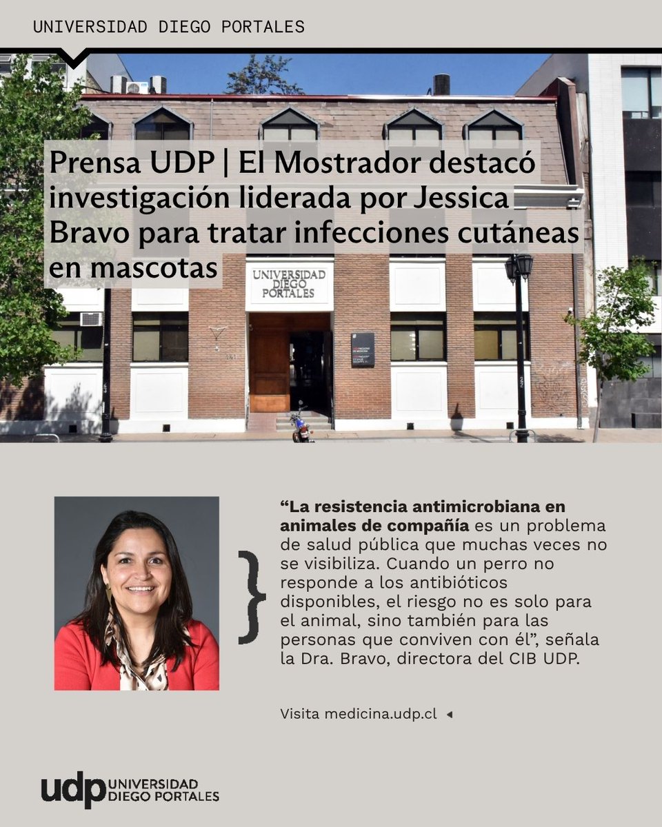 MedicinaUDP's tweet photo. PrensaMedicina | @elmostrador  destacó investigación liderada por Jessica Bravo para tratar infecciones cutáneas en mascotas. Revisa la nota⬇️

https://t.co/DfTjotpd04 https://t.co/E8puz43hb1