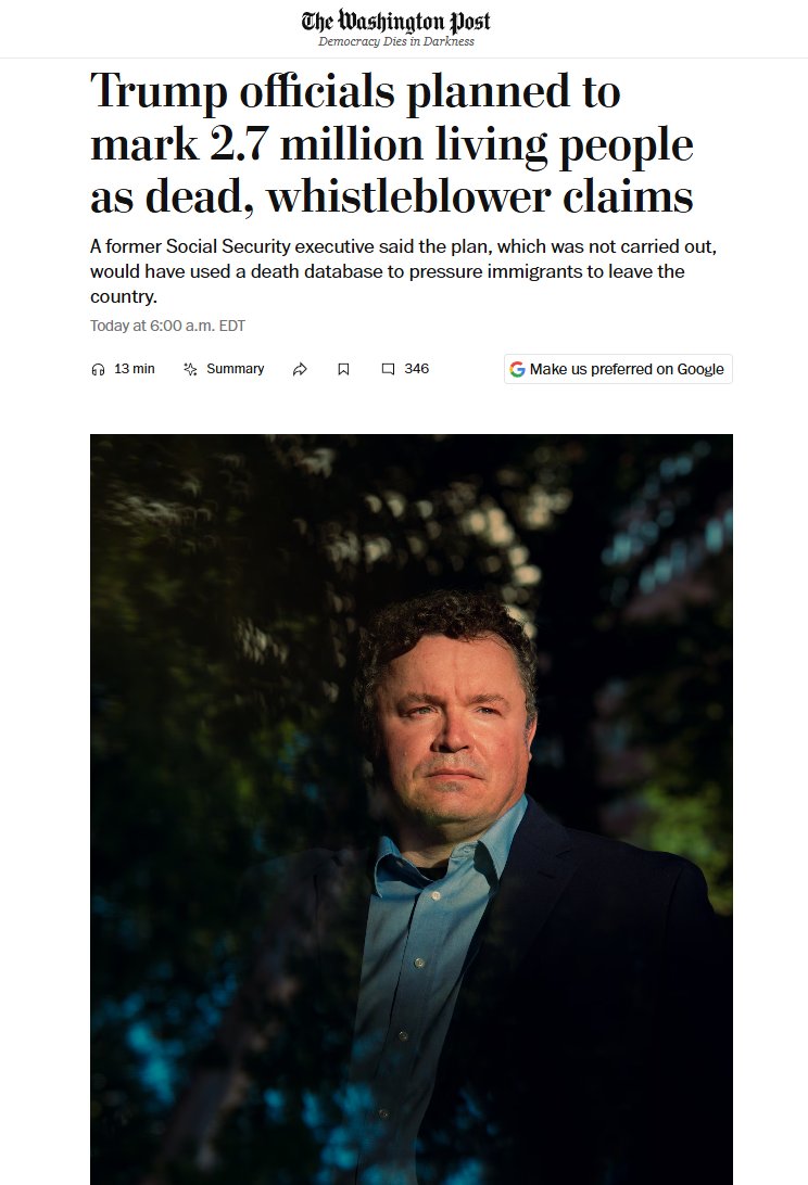 TonySeruga's tweet photo. Let me correct this Langley Bugle HeadLIE:

Trump officials planned to mark 2.7 million criminal illegal invaders as dead, to prevent them from receiving Social Security benefits, a whistleblower claims
