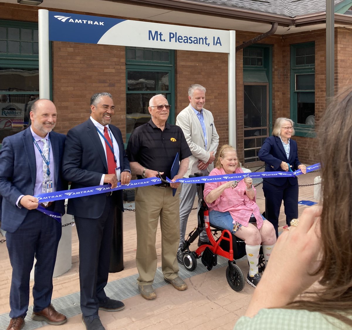 iowadot's tweet photo. We were proud to help celebrate new Amtrak ADA upgrades with ribbon cuttings recently at the Mount Pleasant &amp; Ottumwa stations! The improvements here and nationwide will enhance the passenger experience by providing a level surface for all users who travel on wheeled devices. https://t.co/p7vLigzk3N