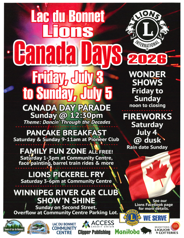 RMofLdB's tweet photo. O Canada! 🍁🍁🍁

Check out the Lions Club of Lac du Bonnet 2026 Canada Day weekend festivities lineup. Music, pancakes, fish fry, midway, car show, fireworks. 

Sounds pretty good, eh? See you there?🎸🥞🎠🎡🚘🎆 https://t.co/qGJ5yjqdDG