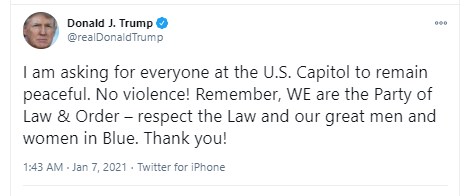 ANewWaveRight's tweet photo. A quick side by side comparison on which one you think might be "inciting violence" and "inciting an insurrection"

@RepJeffries  (Left): "We are going to win back the House in November. Then FORCEFULLY STOP Donald Trump and far-right extremists on the Supreme Court from rigging future elections."

@POTUS  (right): "I am asking for everyone at the U.S. Capitol to remain peaceful. No violence! Remember, WE are the Party of Law & Order - respect the Law and our great men and women in Blue. Thank you!