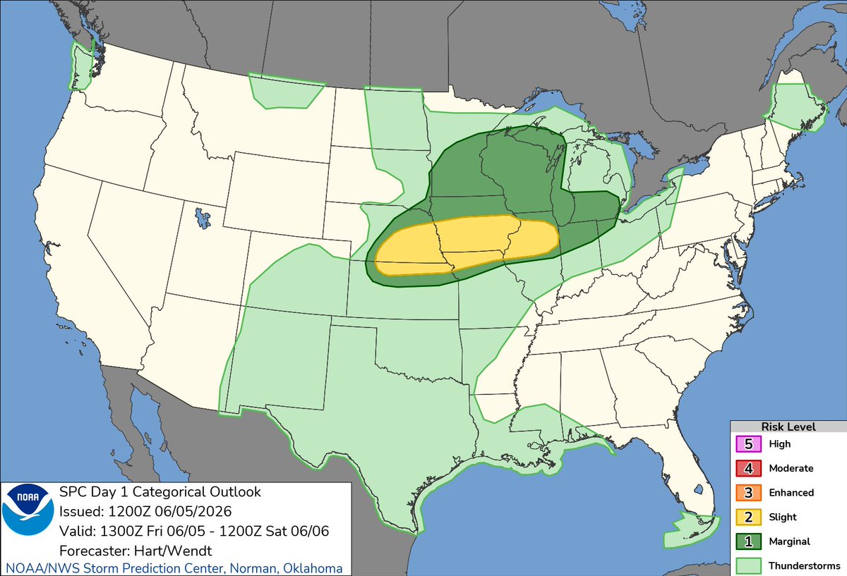 NWS's tweet photo. Severe thunderstorms which can bring large hail, damaging winds, and isolated tornadoes will be possible over parts of the central U.S. through this weekend.

Thunderstorms with heavy to excessive rainfall moving from Texas into the mid-Mississippi Valley through this weekend may produce areas of flooding.

Be sure to stay up with the latest forecast at https://t.co/qk3BcVP5M8.