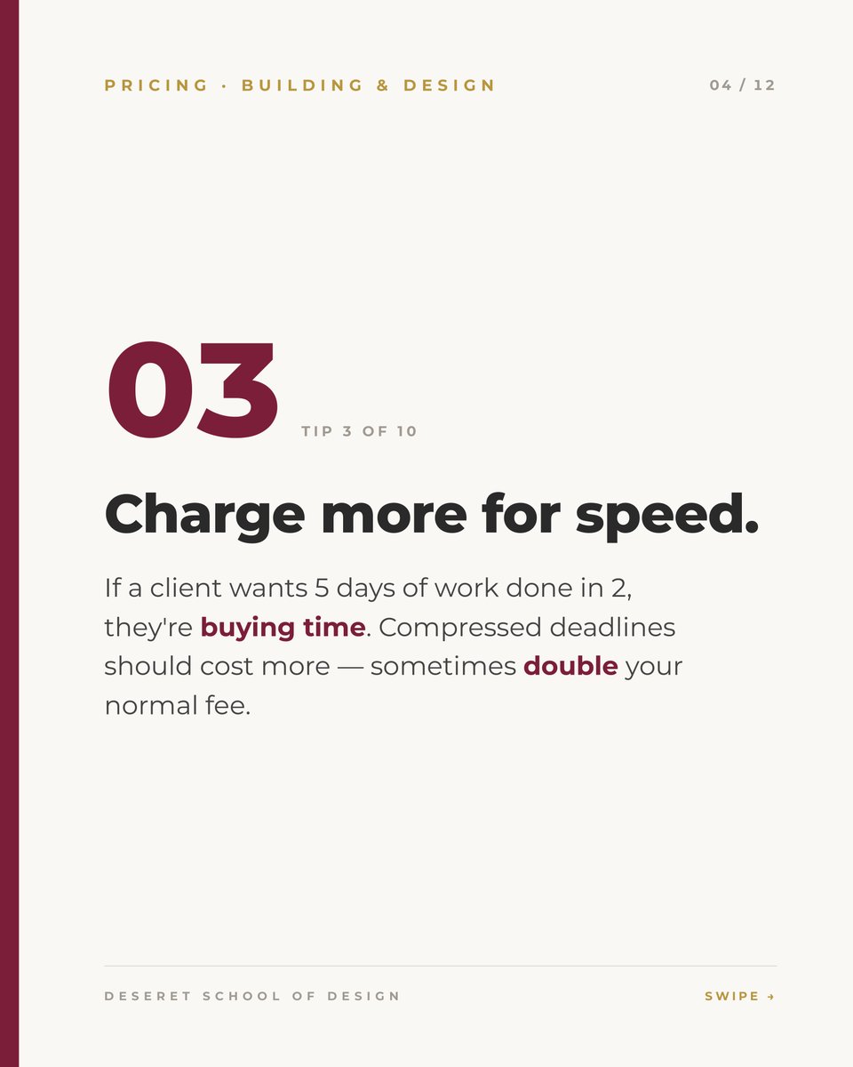 deseret_of's tweet photo. 1% isn't a strategy. It's a discount you never agreed to. 

The industry standard is 6% and the gap between what most designers charge and what they're worth is costing thousands per project.

Swipe to learn ways to fix your pricing and start getting paid what you deserve. https://t.co/qZqTmntY14