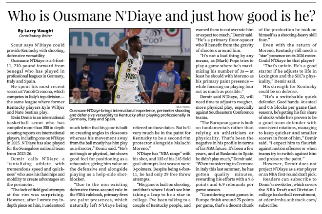 EDemirNBA's tweet photo. One of the greatest honors since I started doing draft work five years ago.

My interview with Larry Vaught regarding Ousmane N'Diaye's expected impact at Kentucky will be featured in various papers in the state of Kentucky.

Thank you, Sir! It's a huge honor! @vaughtsviews https://t.co/KSpDP6rJFt