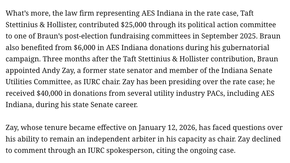 ddayen's tweet photo. BlackRock is poised to buy a major power utility in Indiana.
The law firm representing the utility gave $25k to Indiana Gov Mike Braun, who then appointed the head of the commission presiding over the case.
https://t.co/z0BAZQRy1Q https://t.co/yafrcaP7cq