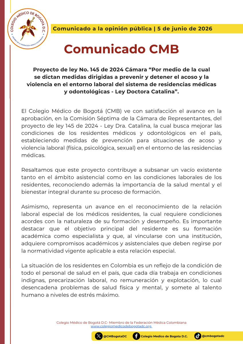 CMBogotaDC's tweet photo. 🚨Celebramos un paso clave para la dignidad médica. Desde el @CMBogotaDC vemos con satisfacción la aprobación en Comisión VII de la @CamaraColombia del Proyecto de Ley 145 de 2024 - #LeyDraCatalina, para prevenir el acoso y la violencia en residencias médicas y odontológicas. 👇 https://t.co/xQA6HBjB3S