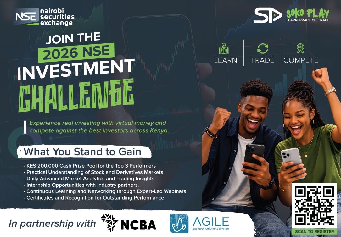 frank_mwiti's tweet photo. Get ready for the 2026 NSE Investment Challenge!

Join Soko Play to trade stocks and derivatives with virtual money linked to live market prices, learn from experts, and compete for a share of the KES 200,000 prize pool.

👉 Start today: https://t.co/5AXhMp8wti https://t.co/73hBTJ4yJB