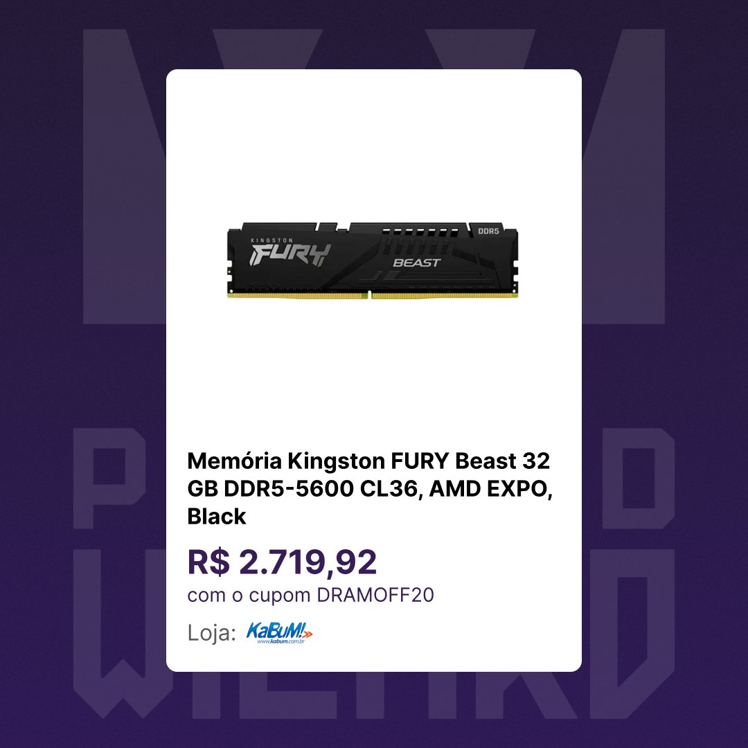 pcbuildwizard's tweet photo. Kingston FURY Beast 32 GB DDR5-5600 CL36, AMD EXPO, Black

R$ 3.399,90 (R$ 2.719,92 com o cupom DRAMOFF20)

Avaliação: ⭐

Loja: KaBuM!
https://t.co/OOYoKkhWIl

Menor preço em 90 dias: R$ 2.549,90
Mediana dos preços de 90 dias: R$ 2.899,99 https://t.co/gf4Tm1mCzi
