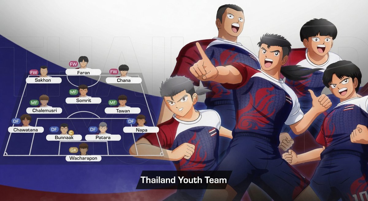 RadungaUR's tweet photo. Comme pour l'Ouzbékistan, Tamsoft n'a pas tout à fait respecté le manga : 
- Formation 4-3-3 au lieu du 4-4-2
- Faran est attaquant alors qu'il est MO

C'est trop tôt pour savoir si le changement est justifié et on pourra toujours mettre la vraie formation si on veut jouer avec la Thaïlande. 😃

#CaptainTsubasa2 #WorldFighters