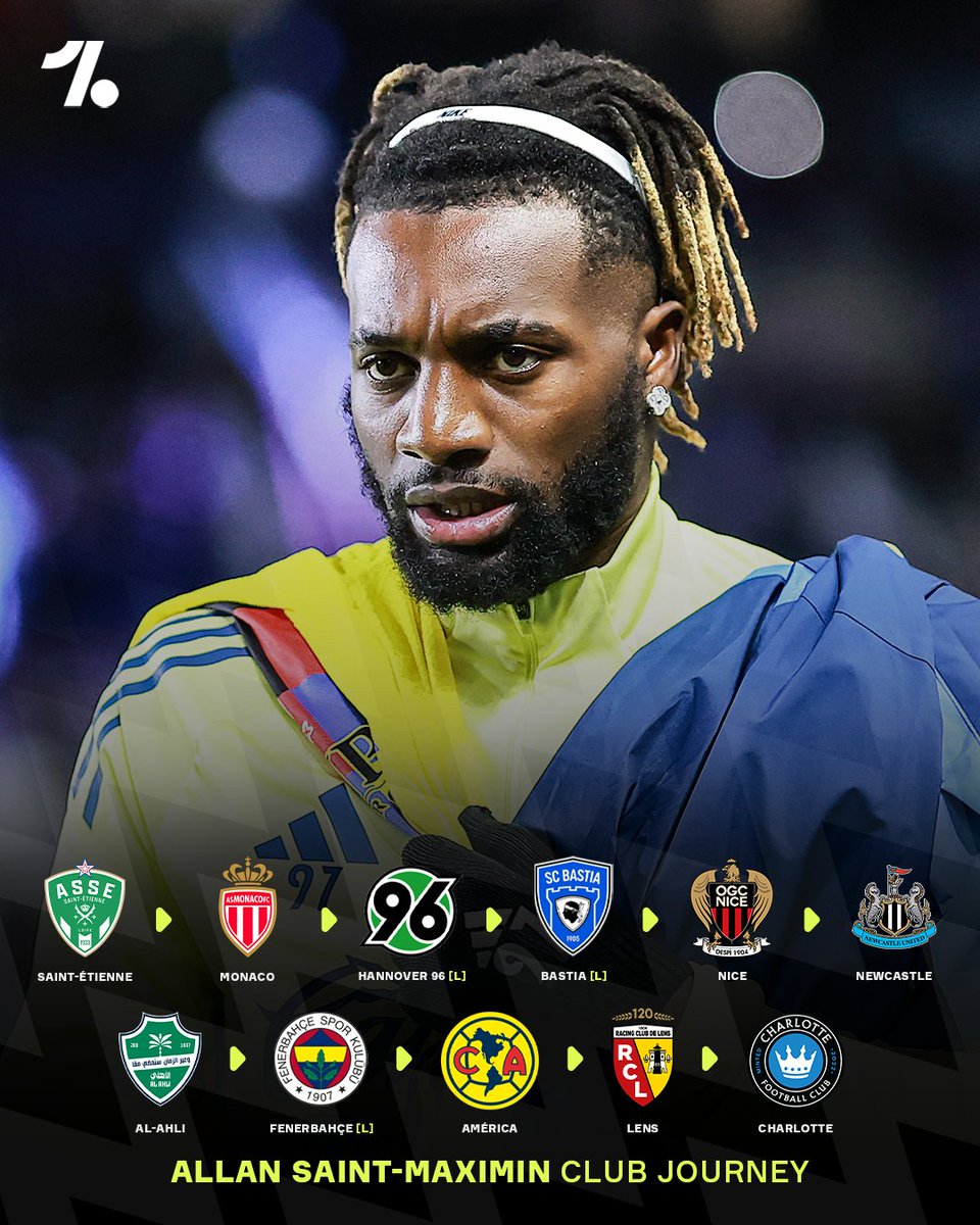 OneFootball's tweet photo. Allan Saint-Maximin has reportedly agreed a move to Charlotte in MLS, making it his 11th club in his career 😮

What's even crazier is he will have played for five clubs in the past three years once his move to America is confirmed 🤯 https://t.co/t9XkEWSnig