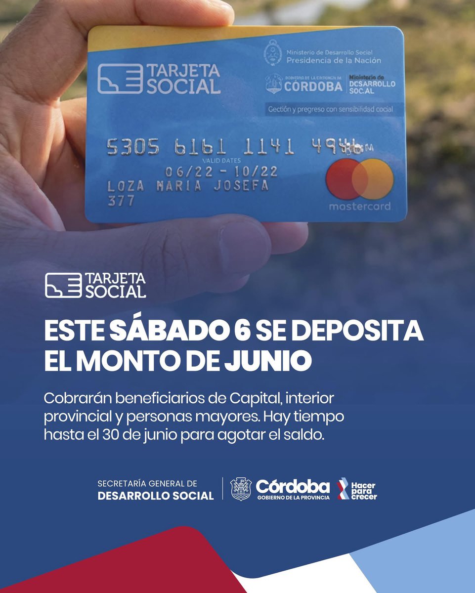 lapowerrio3's tweet photo. 💳 Tarjeta Social: este sábado 6 se acredita el monto de junio

🔹 Hay tiempo hasta el 30 del corriente mes para agotar el saldo.
🔹 Cobrarán beneficiarios de Capital, interior provincial y personas mayores https://t.co/XWAWzrgqkY