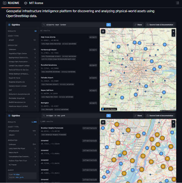 UnTalNixon_exe's tweet photo. 🛰️ Inteligencia geoespacial libre: El buscador Open Source para rastrear infraestructura global
El análisis de datos geográficos masivos suele requerir software corporativo costoso o interfaces lentas que no permiten extraer datos estructurados de forma masiva.

Sightline es una plataforma de inteligencia geoespacial de código abierto diseñada específicamente para escanear, descubrir y mapear activos del mundo físico utilizando toda la base de datos de OpenStreetMap.

El ataque a la yugular:

🗺️ Búsqueda de Infraestructura: Permite interrogar al mapa y localizar activos críticos específicos (como aeropuertos o puentes) agrupados por regiones o ciudades.

📊 Filtrado por Operador: Clasifica los resultados según la entidad que gestiona cada infraestructura, permitiendo separar activos públicos, privados o militares.

📍 Visualización Dinámica: Renderiza mapas interactivos con marcado de clusters numéricos para analizar la densidad de los activos físicos a gran escala.

Pasa de usar mapas comerciales orientados al usuario común a desplegar una herramienta de analítica geográfica profesional desde tu propia máquina.

Enlace al repositorio en los comentarios. Guarda este post en marcadores si trabajas con análisis de datos, OSINT o infraestructura inteligente 🔖