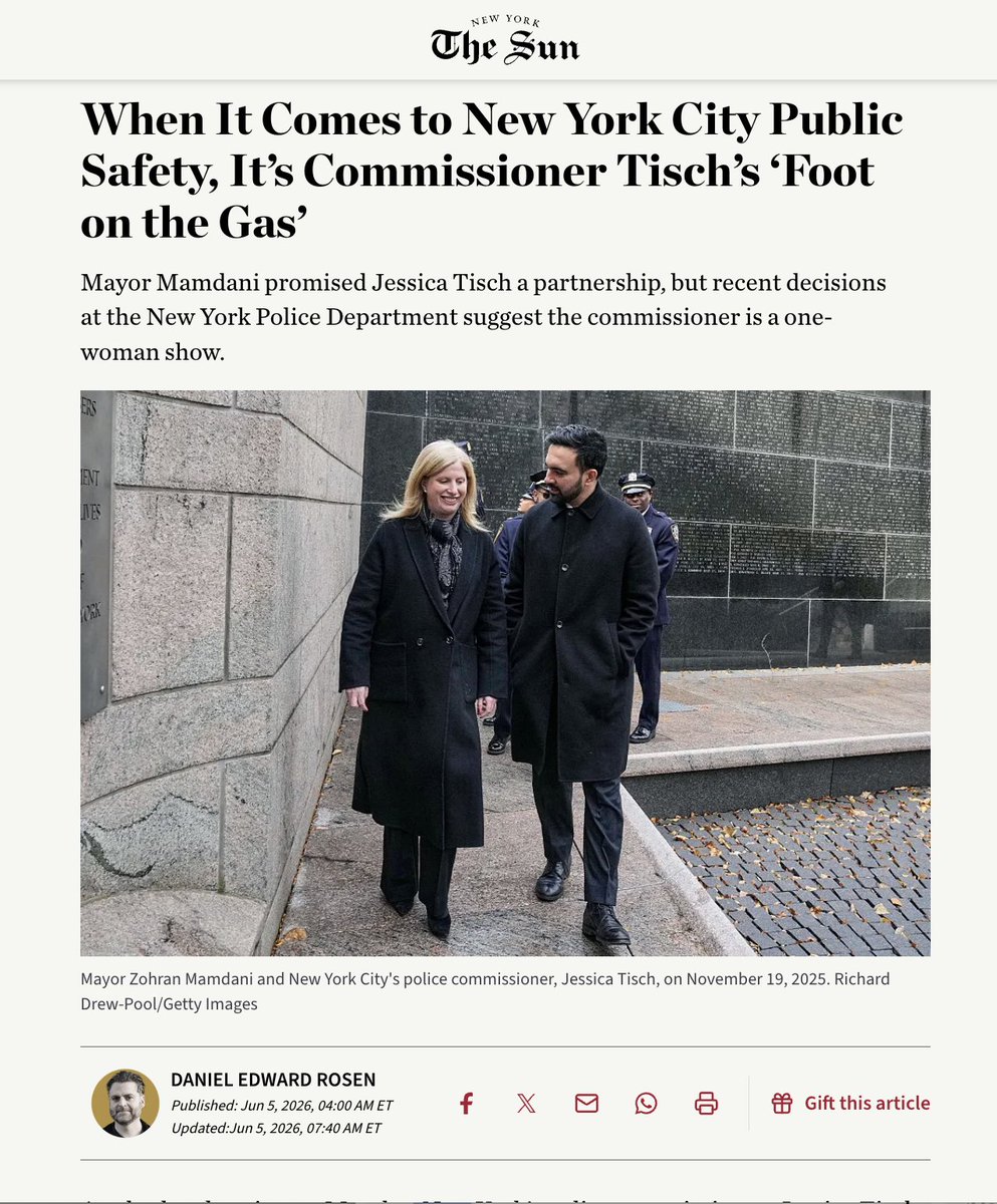 dedwardro's tweet photo. NEW: When he retained Jessica Tisch as @NYPDPC, @NYCMayor Zohran Mamdani didn’t necessarily promise her a “free hand” to run the NYPD, as Mayor John V. Lindsay once promised Commissioner Donald F. Cawley in 1973. He didn't have to. Ms. Tisch took one anyway. (1/3) https://t.co/yB5jaUpYEU