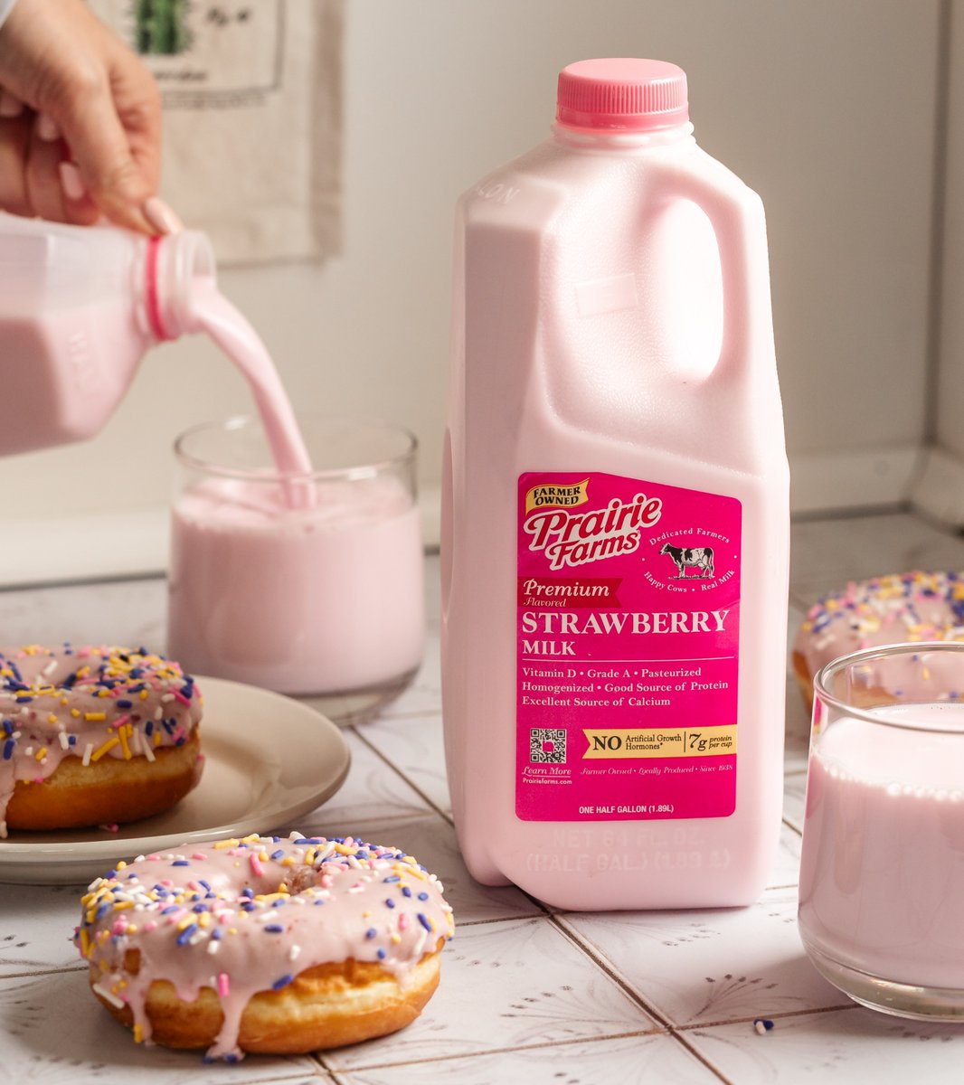 PFDairy's tweet photo. Prairie Farms Strawberry Milk 🤝 Donuts. A combo that’s just as good for the kids as it is for the adults! Happy National Donut Day, celebrate accordingly! 😉 

Save on your favorite Prairie Farms products: https://t.co/hZbNrSWpMp https://t.co/cMZxLRE7gX