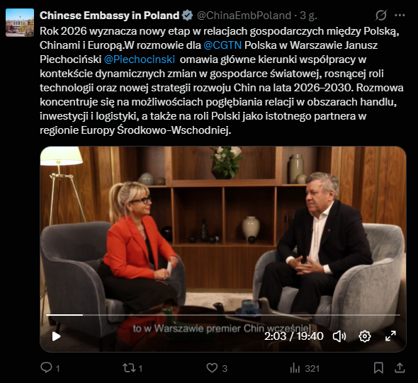 mic_marek's tweet photo. Interesująca sprawa... 
Wpis @ChinaEmbPoland bezpośrednio wskazujący na kooperację @Piechocinski z chińskim kanałem propagandowym (chińskim kanałem pełniącym tą samą funkcję co rosyjski "RT") oraz na zaangażowanie Ambasady ChRL w jego promowanie ZNIKNĄŁ - prawdopodobnie został celowo usunięty przez ambasadę. 

Na koncie ambasady widoczny pozostaje jednak wywiad z innym obywatelem RP (środowisko akademickie), który również zdecydował się na podobną kooperację... (screen 3) Materiał ten, w przeciwieństwie do wywiadu z J. Piechocińskim nie napotkał na zainteresowanie ze strony obserwujących (oprócz jednego ciekawego osobnika - screen 4).

Polecam szczególnej uwadze: @NawrockiKn, @prezydentpl, @donaldtusk, @PremierRP, @KosiniakKamysz, @MON_GOV_PL, @sikorskiradek, @MSZ_RP, @RKupiecki, @MKierwinski, @TomaszSiemoniak, @MSWiA_GOV_PL, @ABW_GOV_PL, #SKW, @KGawkowski, @wlodekczarzasty, @BBN_PL, @JanGrabiec, @adamSzlapka,  @CTomczyk, @ZalewskiPawel, @pawelbejda, @czeslawmroczek, @TomaszChlon @GrzybAndrzej, @GIBandych, @MolendaKarol, @JacekDobrzynski, @pawelkowalpl, @joannakluzik, @MirekRozanski, @PiotrPytel67,
