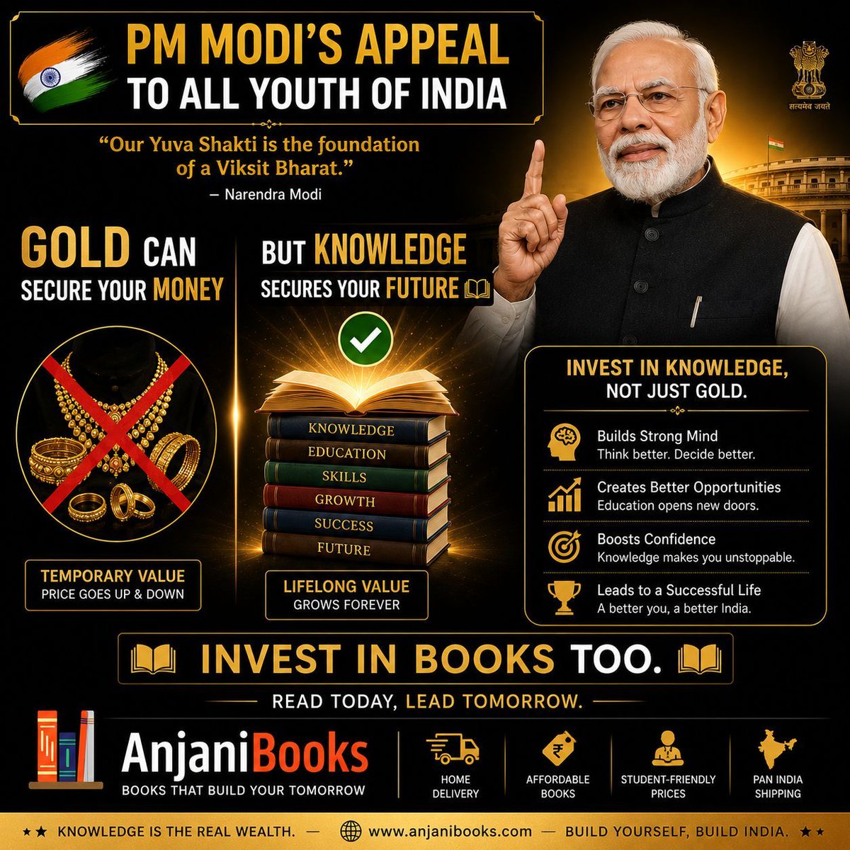anjanibooks's tweet photo. 🇮🇳 Gold can secure your money.

📚 But knowledge secures your future. The best investment is one that keeps growing for life. Read Today. Lead Tomorrow.
Invest in books, too.
🌐 [https://t.co/7YWzw9ZNi2]

#KnowledgeIsPower #IndiaReads #Education #Books #StudentLife #ViksitBharat https://t.co/o9glDWAtRL