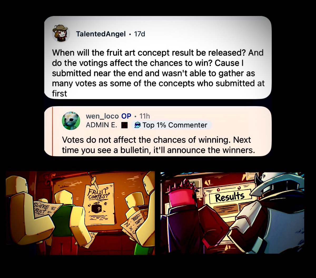 BloxLegion's tweet photo. 🎨 FRUIT ART CONTEST WINNERS WHEN?

Admin E said, Votes do NOT affect your chances of winning. Results will be announced in the next bulletin.

If any of you guys submitted, GOOD LUCK!🔥
#roblox #RobloxDev #bloxfruits https://t.co/IS6dA0rqcW