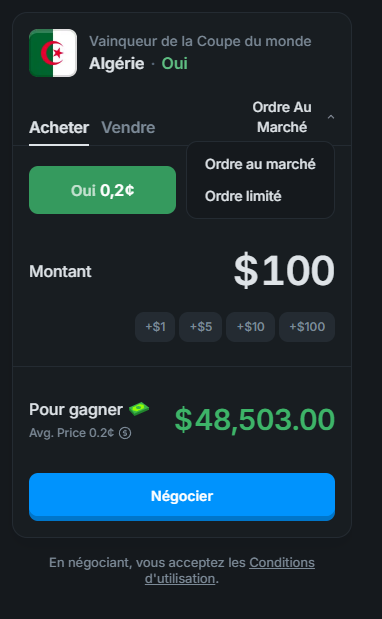 Army_Cryptos's tweet photo. Pourquoi pas essayé ? 
#Polymarket #Algerie #WorldCup #CDM https://t.co/ajGs5Mr5lL