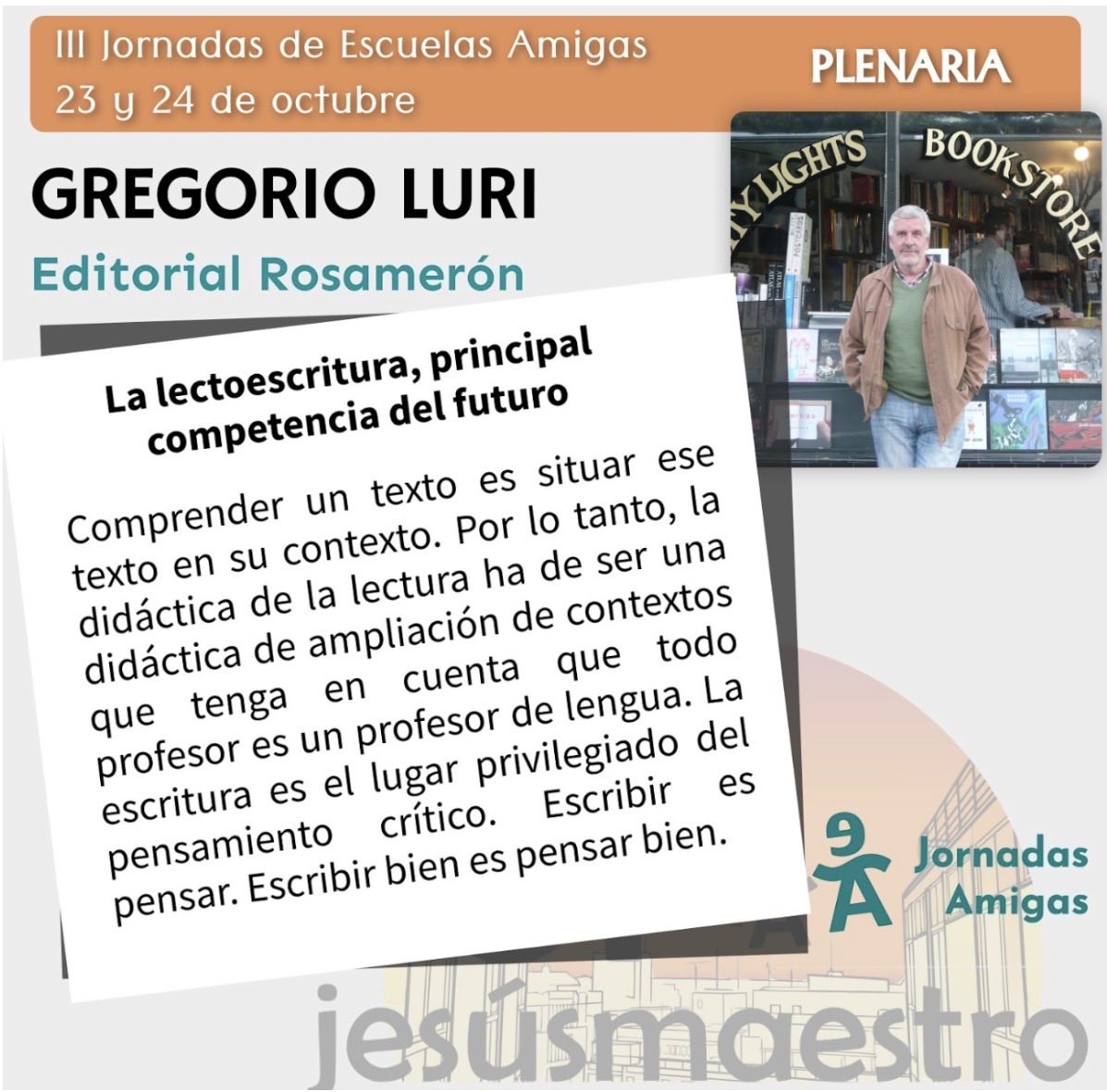 en_escuelas's tweet photo. Nos hace especial ilusión contar con #GregorioLuri en la sesión plenaria.
"La lectoescritura, principal competencia del futuro" es una invitación a pensar sobre el papel de la lectura, la escritura y el pensamiento crítico en un mundo cada vez más acelerado. @EOIjesusmaestro https://t.co/4gbXt7xO69