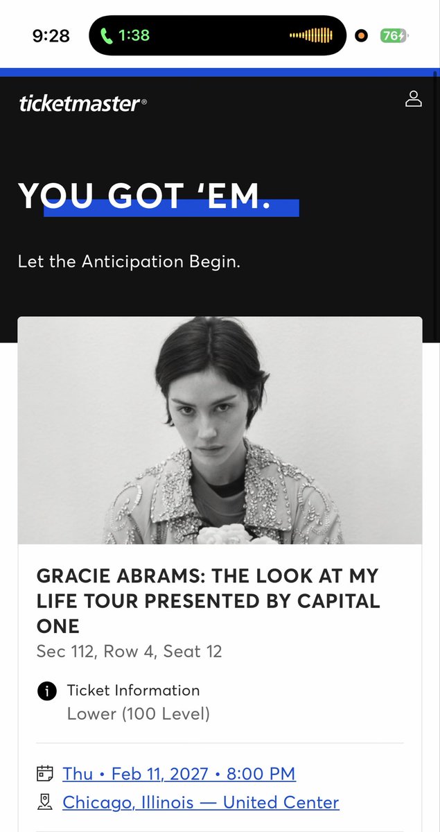 thenamesrosy's tweet photo. I JUST GOT A TICKET FOR GRACIE FOR CHICAGO N1 AFTER I KEPT REFRESHING IM LITERALLY GOING TO THROW UP RN https://t.co/F5NovhUEUN