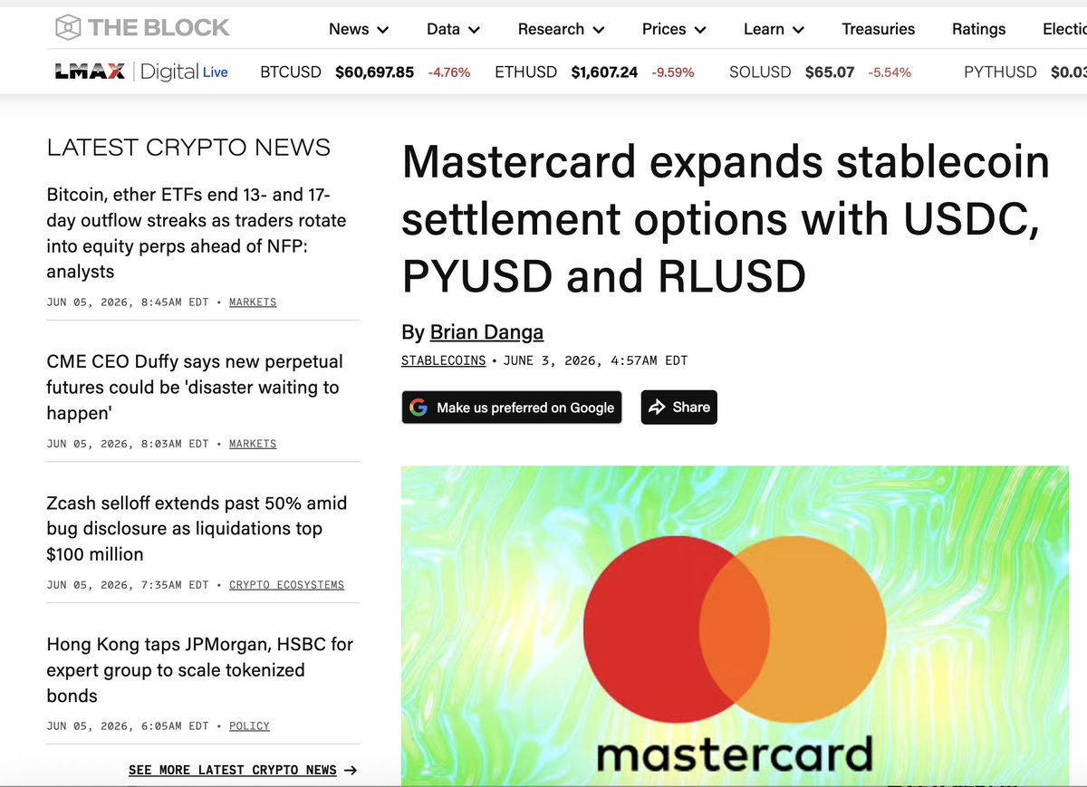 anitaintheloop's tweet photo. BTC is falling.
Stablecoin market cap just hit a new high.

That is the part I can’t stop looking at.

Under the old crypto logic, those two numbers should have moved together. Stablecoins were mostly trading chips: you used USDT or USDC to enter the market, exit the market, or wait for the next trade.

But stablecoin supply has been rising for months.

That tells me the user base is changing.

Old demand was speculation.
New demand is settlement.

Cross-border payments, corporate treasury, cash management, exchange flows 
They don't care the price of $BTC, they just care whether money can move faster, cheaper, and more reliably.

That’s why Mastercard is expanding stablecoin settlement. That’s why large banks are exploring tokenized deposit networks.
They just don’t want to miss the next generation of payment and settlement rails.

The real question is what stablecoins are being used for.

If they are only trading chips, they remain a sidecar to crypto.

If they move into payments, clearing, corporate treasury, and machine payments, then they become financial infrastructure.

And the opportunity probably isn’t in issuing one more stablecoin.

USDT and USDC already own most of that market.

The valuable layers are further down: reserve management, institutional access, 24/7 settlement, counterparty risk, compliance, clearing, and redemption.
Financial infrastructure rarely is.

The next layer gets more sexy with AI agents.

An agent that only chats doesn’t need a financial system.

But an agent that buys services, calls APIs, manages budgets, or executes trades needs payment, identity, limits, risk control, and settlement.

It needs money rails.

Stablecoins may not be the only settlement tool for the AI era.

But today, they are one of the most natural candidates: global, programmable, 24/7, and low-friction.

Stablecoins are moving from crypto trading tool to financial rail.

And financial infrastructure is not valued by narrative.

It is valued by how money moves, who earns from it, and who carries the risk.

Follow the money, not the narrative.