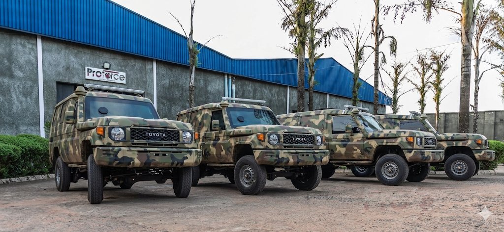 BattleNGN's tweet photo. Impressive armoured trucks made by Proforce for the Department of State Services (DSS).
> These are modified Toyota Land Cruisers. The modification &amp; up armoring was done by Proforce in its facility.
> The first image is the official photo.
> The remaining frames are AI by me 😊 https://t.co/hESP3gPbdJ