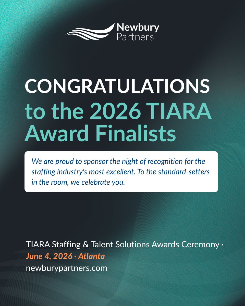PartnersNewbury's tweet photo. Proud to sponsor the 2026 TIARA Staffing &amp; Talent Solutions Awards alongside TALiNT Partners. Congratulations to every finalist and winner raising the bar across the staffing industry.

#TIARAAwards #StaffingIndustry #TalentSolutions #NewburyPartners https://t.co/zYUhZ0TAMG