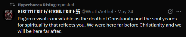 CivilModerate's tweet photo. There is a place for national socialist women but that place isn't on twitter (or really the internet at all) making larpy posts about "da old gods" and whining about Christianity. https://t.co/8ZVZV7mPBx