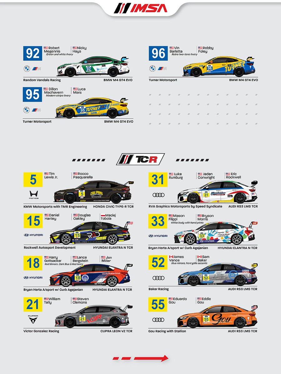 IMSA's tweet photo. Spotter Guide for the 2026 O’Reilly Auto Parts 4 Hours of Mid-Ohio!

🟢: Sunday, June 7 | 12:10PM ET
📺: Peacock
🌍: IMSA YouTube Live, IMSA .tv
📻: IMSA Radio https://t.co/Thh8VjM4GX