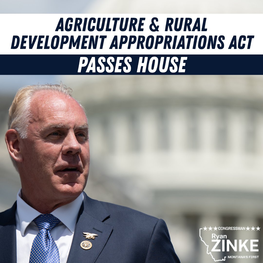 RepRyanZinke's tweet photo. The House passed the FY27 Agriculture Appropriations bill, and Montana’s farmers and ranchers came out ahead. This bill invests $4.8 million in rural infrastructure across our district, helps keep Montana farmland out of the hands of foreign adversaries, and strengthens the research and food safety programs our producers rely on. This bill will ensure the folks in our state who work the land and put food on America’s tables have the tools they need to keep doing what they do best.