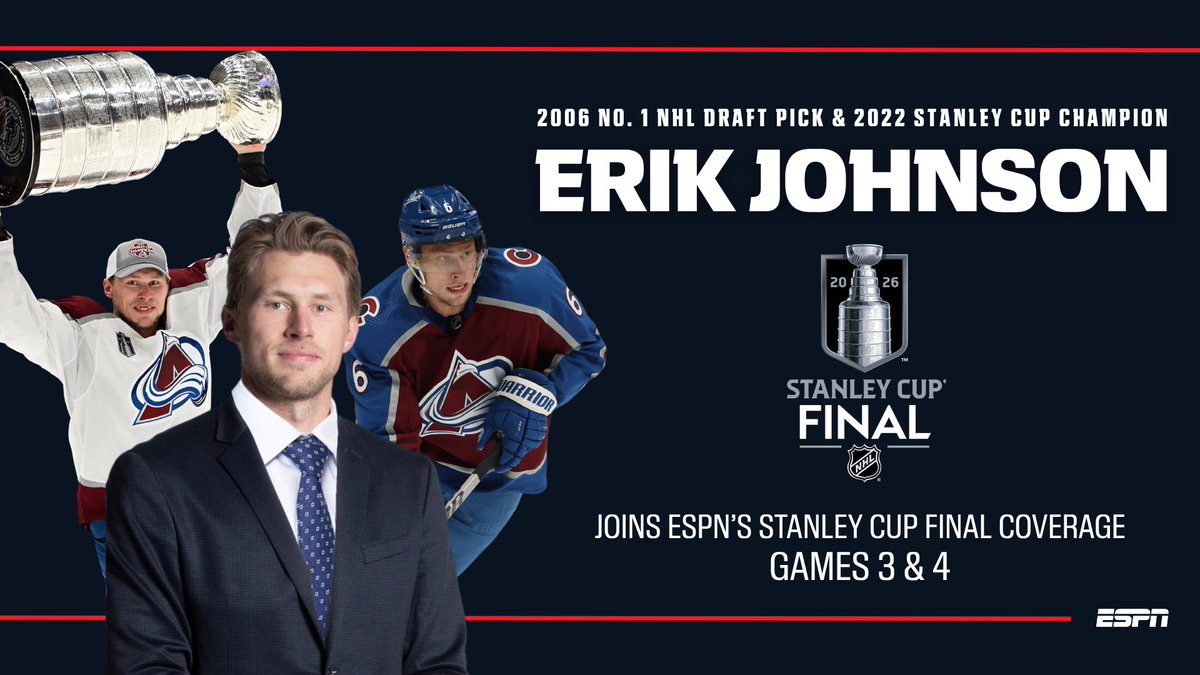 ESPNPR's tweet photo. Stanley Cup Champion &amp; #NHL on ESPN analyst Erik Johnson joins ESPN networks' exclusive '26 #StanleyCup Final coverage

🏒 Johnson will be on-site for Games 3 &amp; 4 https://t.co/YJTHtJonm4