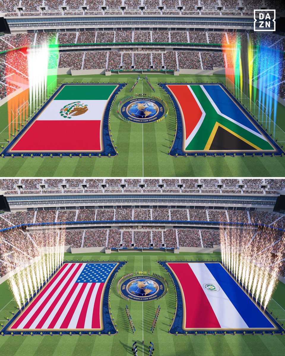 DAZNFootball's tweet photo. FIFA has revealed a brand new pre-match ceremony for every 2026 World Cup match 😮

For the first time, every member of the matchday squad (not just the starting XI) will stand together around the centre circle during the national anthems. 🧑‍🧑‍🧒‍🧒

The new 360° experience will also feature giant national flags, immersive stadium visuals and enhanced matchday presentations. 🌍