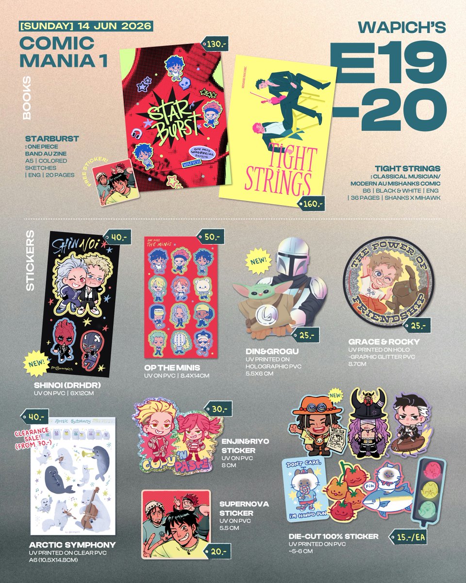 wwapich's tweet photo. #ComicMania1 #CM1 #CM1_SUN
ใบเมนูแยกของเราค่า ไปแค่วันอาทิตย์นะคะ มีของใหม่เพิ่มมานิดๆ หน่อยๆ เป็นสติกเกอร์ drhdr, แมนโด, พี่เอส
แวะมาทักทายกันได้ค่​ะ :) 
(🦊สตก.จิ้งเกรซ phm ยังมีไปแจกนะคะ แวะมาหยิบได้!)

🌻 บูธ E19-20
🌻 14 June 26 @ BCC Hall, 5th floor,Central Ladprao https://t.co/cammTk8CoS