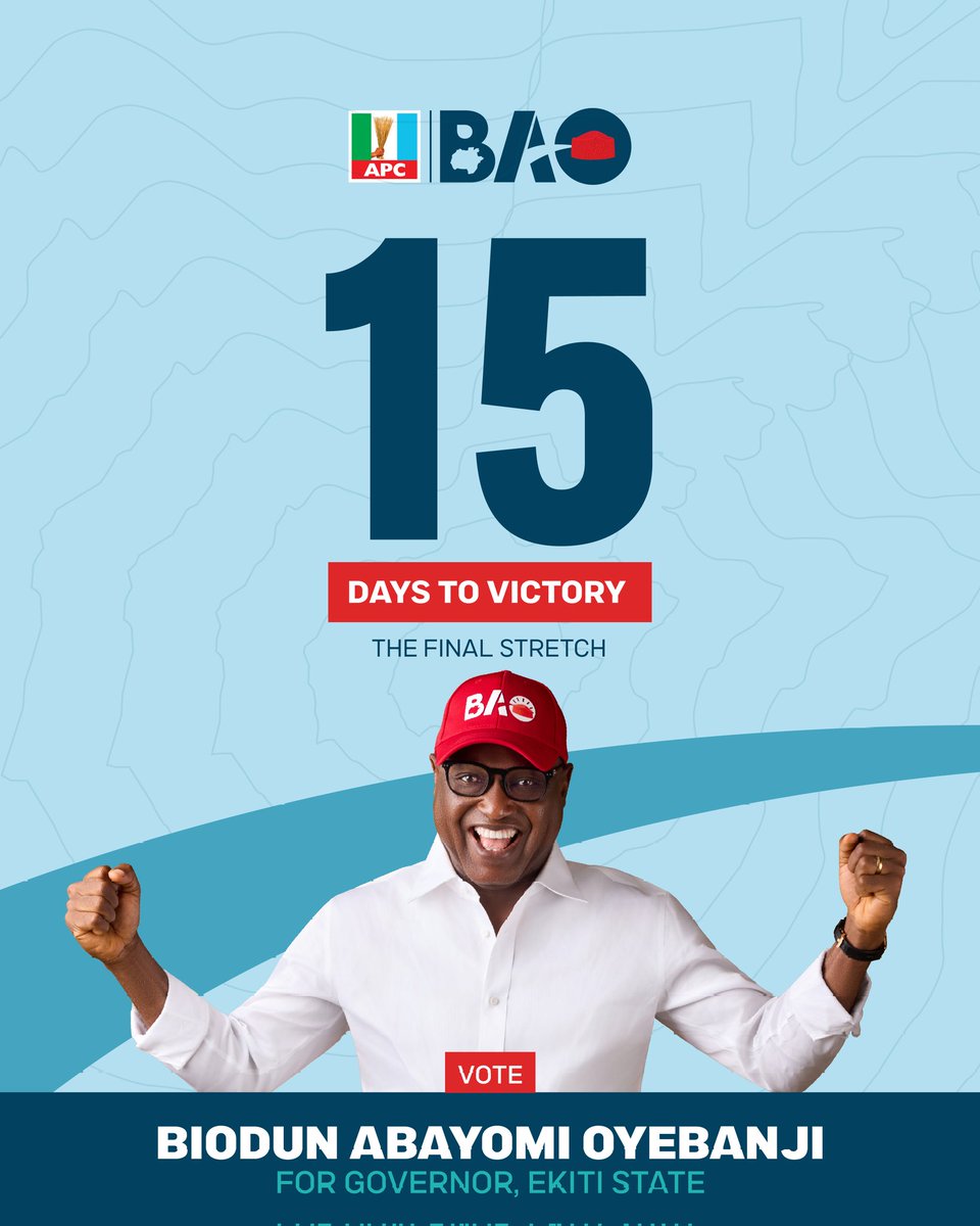 biodunaoyebanji's tweet photo. We are officially in the final stretch.
Exactly 15 days from today, the people of Ekiti will make a defining choice for the future of our state.
โOver the last few years, we have proven that governance can be decent, transparent, and result-driven. We have opened up our economy, secured global recognition for our infrastructure, and guaranteed free education for our children. We did not just make promises; we built a new standard of excellence.
โOn June 20, we vote to protect this momentum. We vote to ensure that no ongoing project is abandoned and no community is left behind. Let us stand united to keep Ekiti on the path of permanent progress.
Your vote is the key to securing our tomorrow.
โ#15DaysToGo #ProtectTheProgress #ContinuityWithPurpose #TheBAOStandard #June20 #EkitiDecides