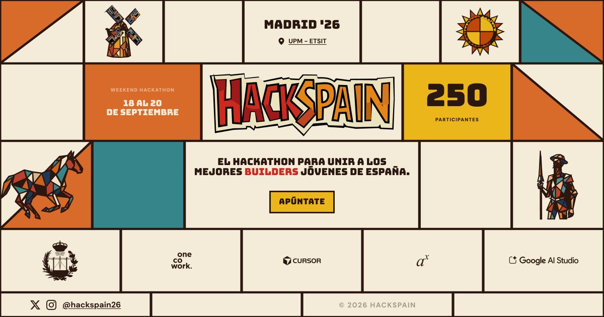 GuliMoreno's tweet photo. Hola Hackspain 2026! El encuentro con mayor densidad de talento joven de España. 

Tres días épicos para juntar a los builders que escribirán el futuro del software español. Junto a @disamdev y @mrloldev (la next-gen) y @exp8fellowship.

Pre-inscripción abierta. 250 plazas. 👇